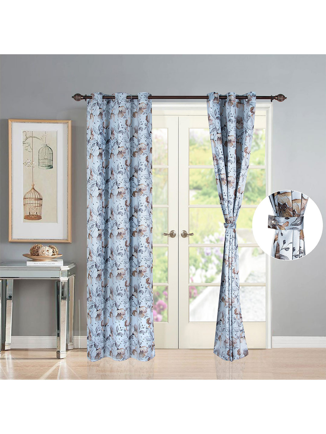 Deco Window Blue 2 Pieces Floral Blackout Door Curtains