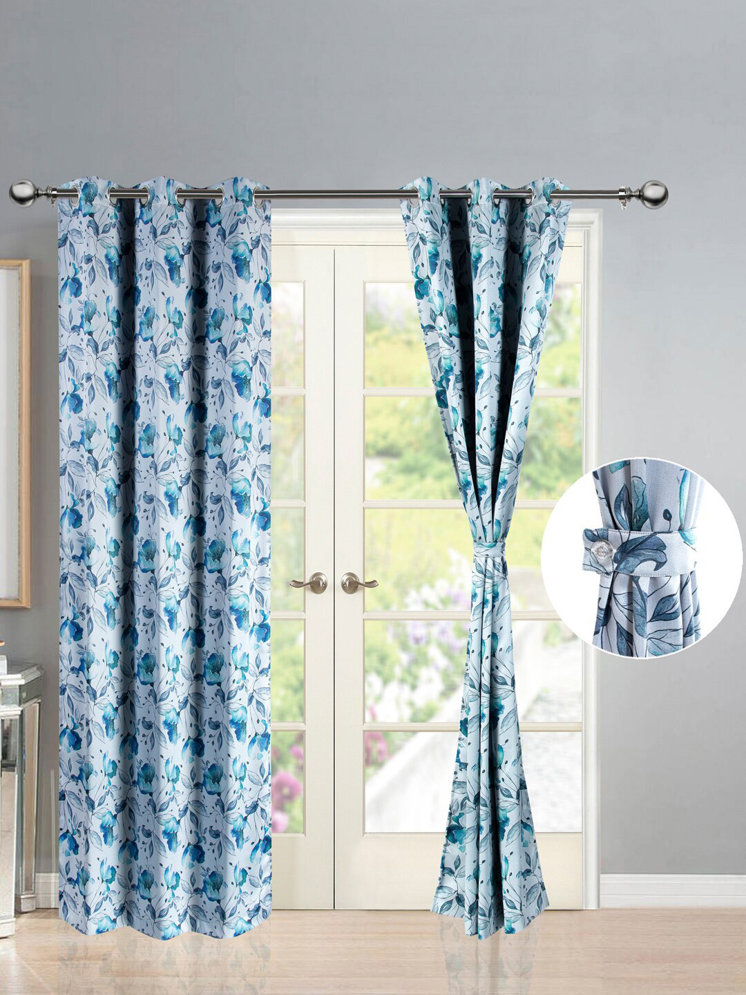 Deco Window Blue & White Set of 2 Floral Room Darkening Door Curtain