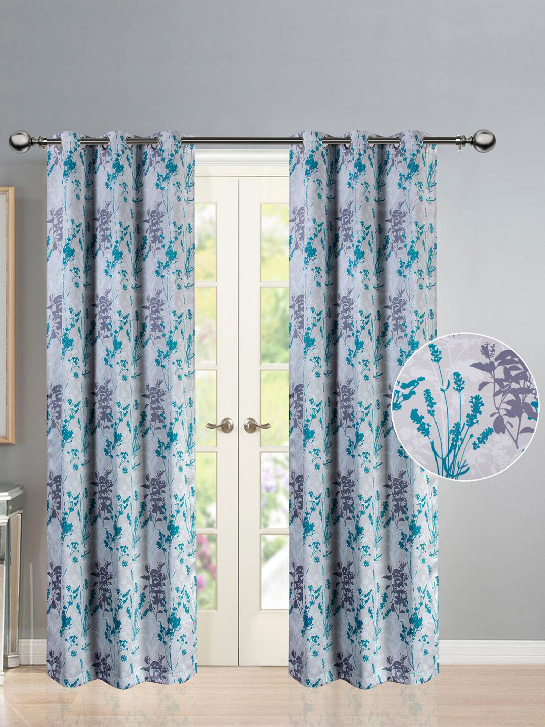Deco Window Blue & Grey Set of 2 Floral Room Darkening Door Curtain