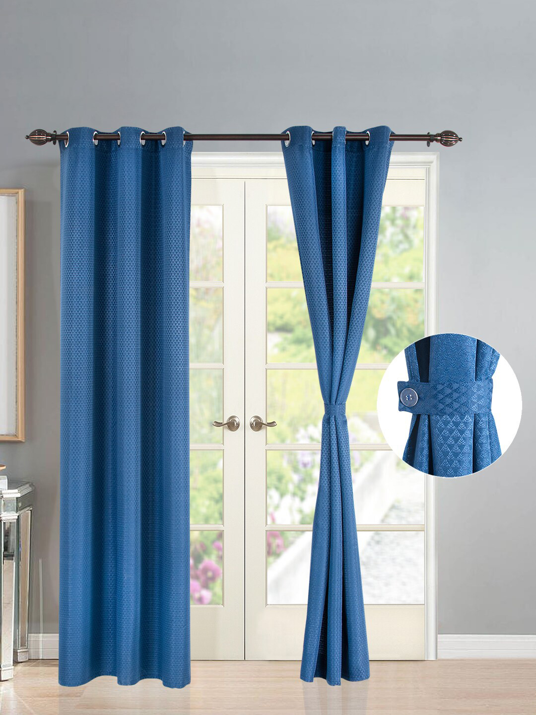 Deco Window Navy Blue Set of 2 Floral Room Darkening Door Curtain