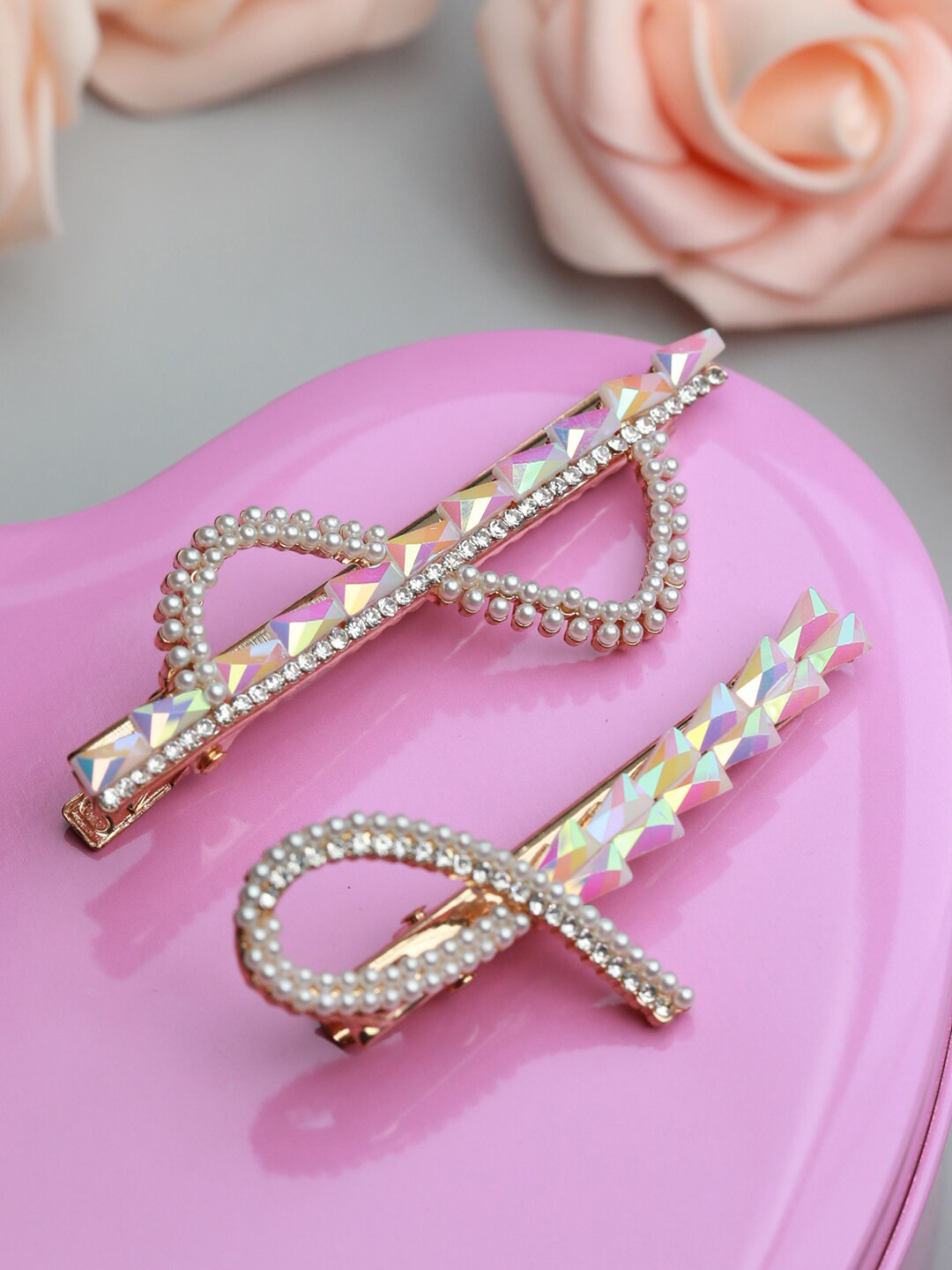 PRITA BY PRIYAASI Woman Rose Gold & White Beaded Hair Pin Set