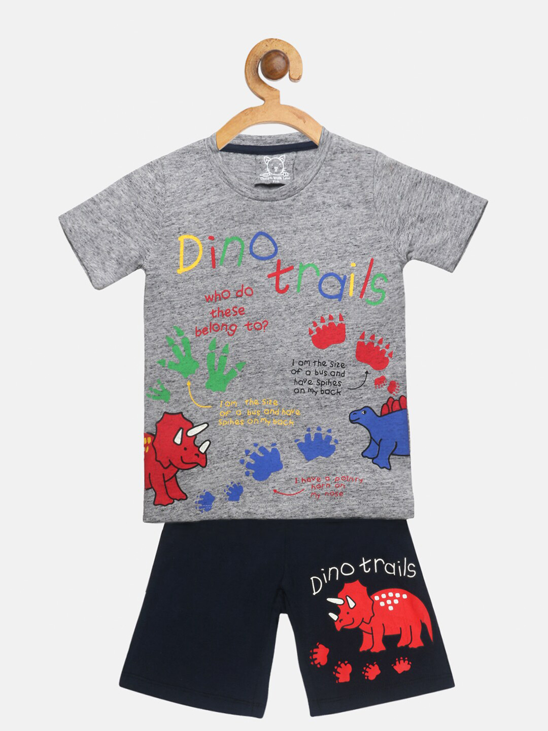 Lazy Shark Boys Grey Melange & Black Printed T-shirt with Shorts