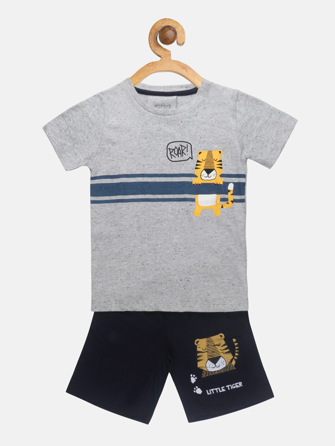 Lazy Shark Boys Grey & Blue Printed T-shirt With Shorts