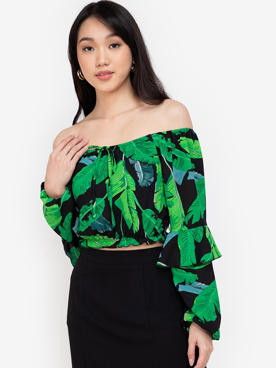 ZALORA BASICS Women Black & Green Floral Off Shoulder Crop Top