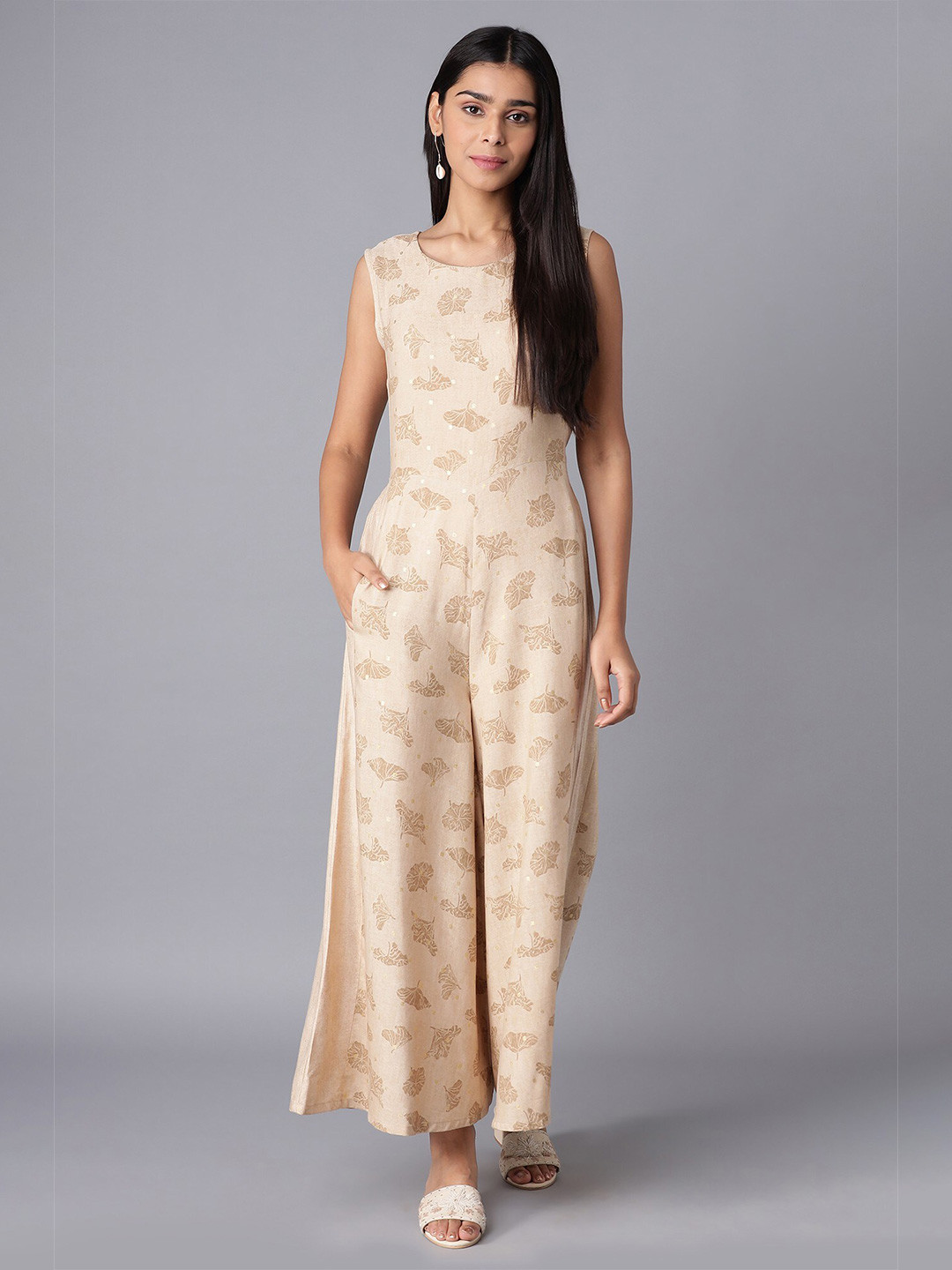 W Woman Beige Printed Basic Jumpsuit