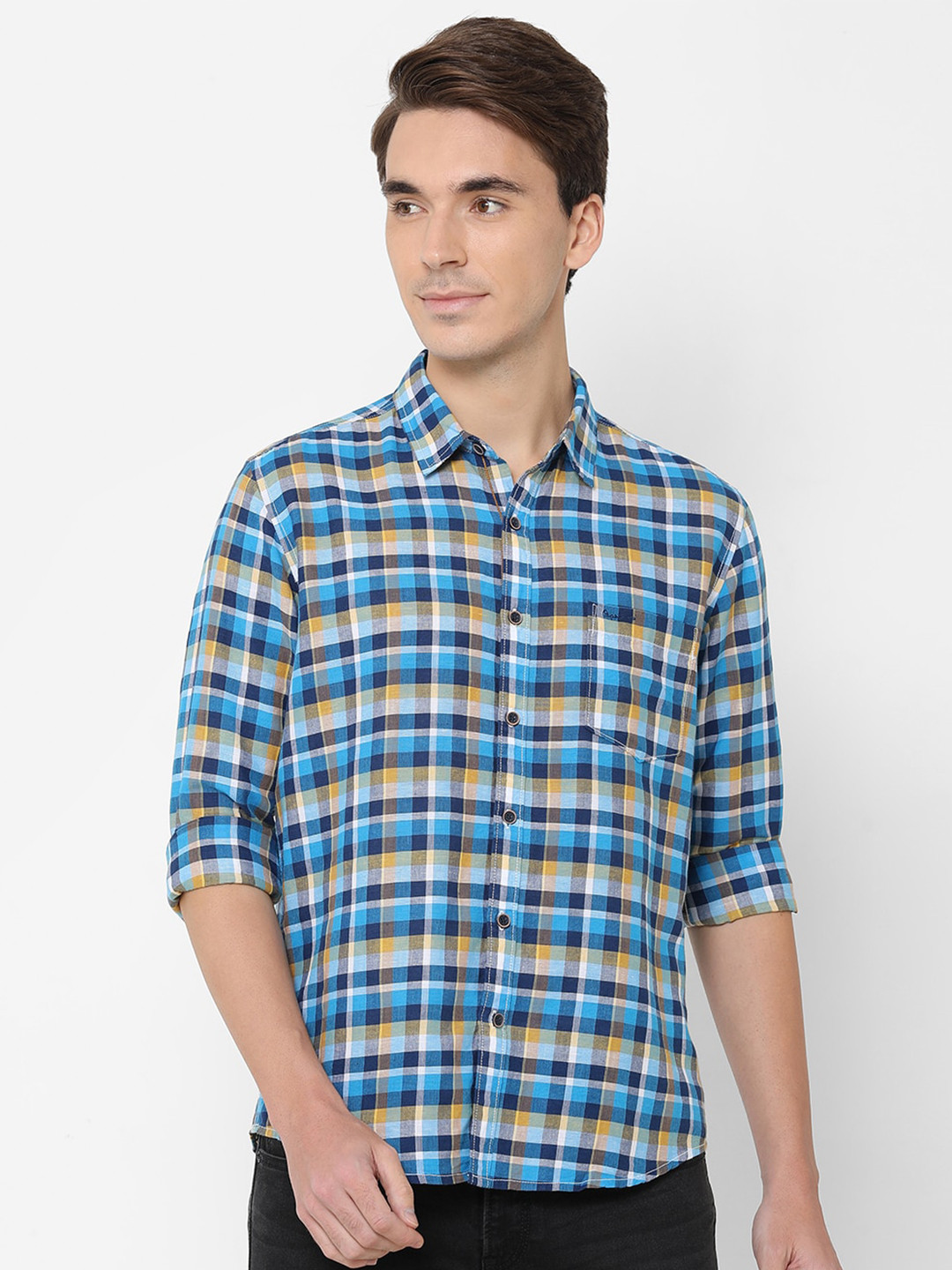 Pepe Men Blue Tartan Checks Checked Casual Shirt