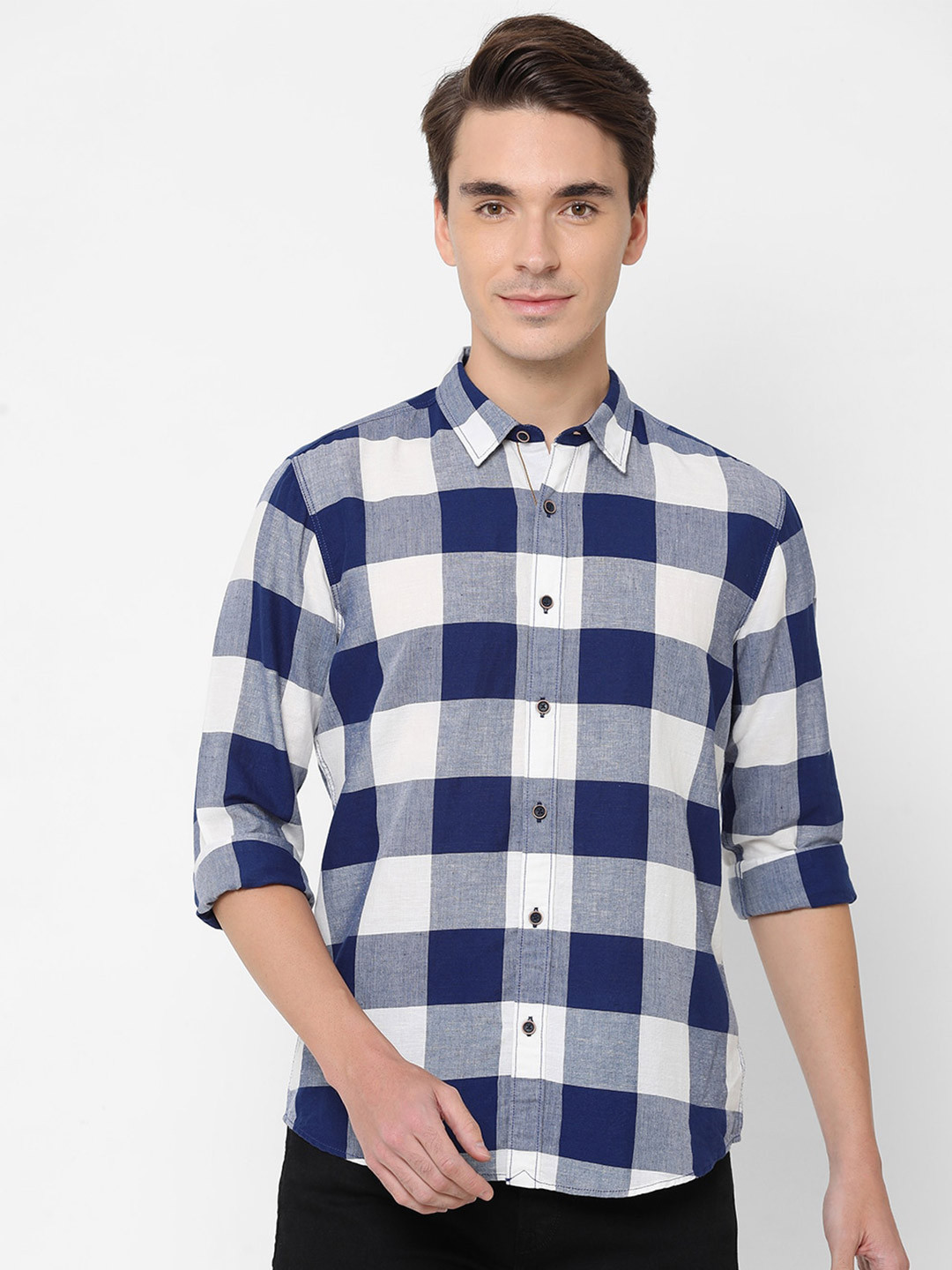 Pepe Men Navy Blue & White Buffalo Checked Casual Shirt