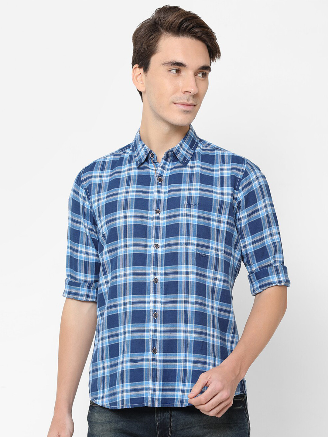Pepe Men Navy Blue Tartan Checks Casual Shirt