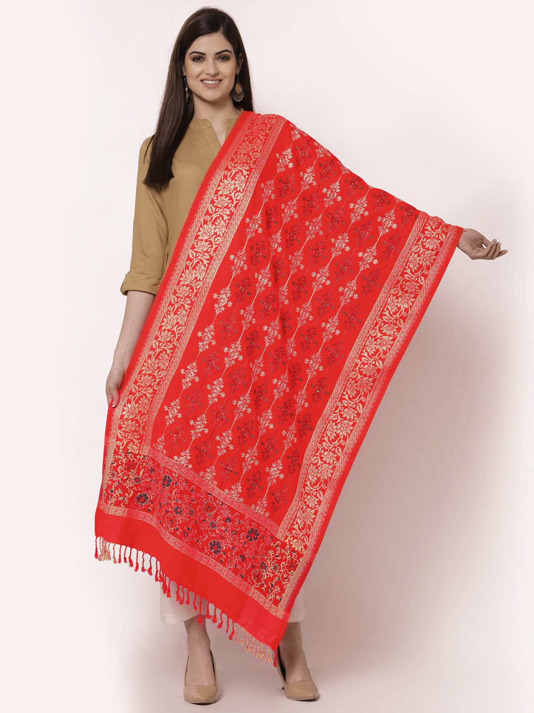 KLOTTHE Woman Red & Beige Woven Design Stole