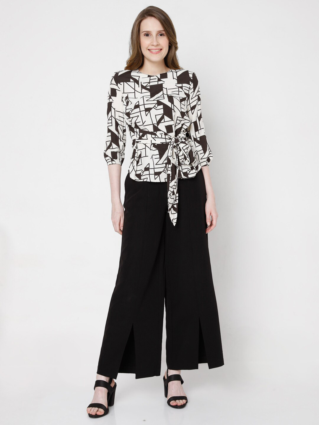 Vero Moda Beige & Brown Geometric Print Cinched Waist Top