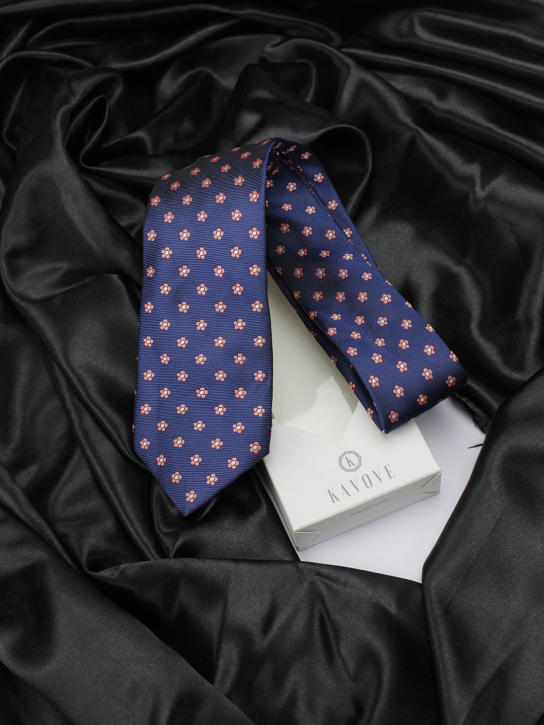 Kavove Men Blue & Orange Miniscule Floral Woven Design Broad Tie