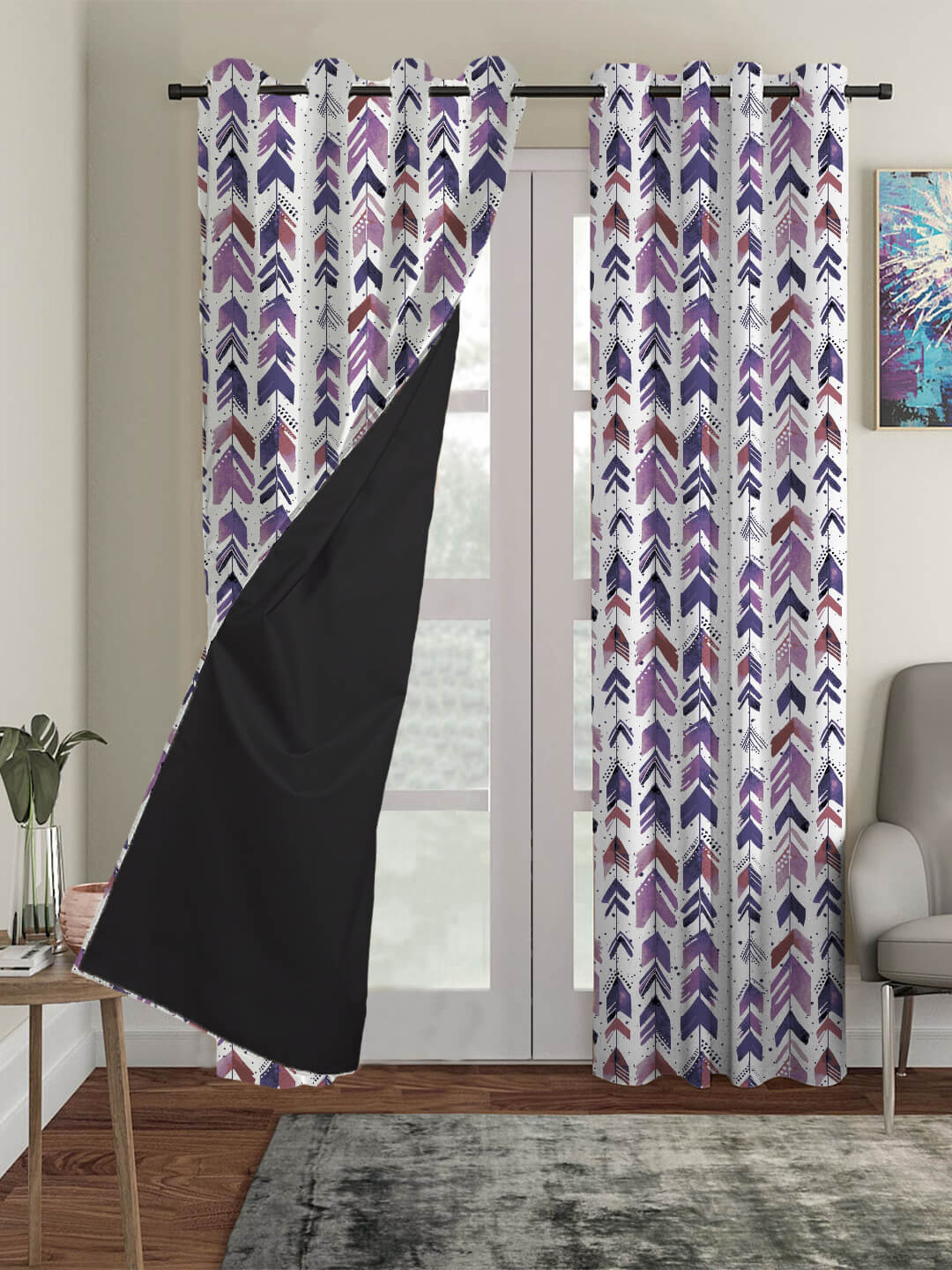 HOUZZCODE Off White & Purple Set of 2 Geometric Black Out Long Door Curtains