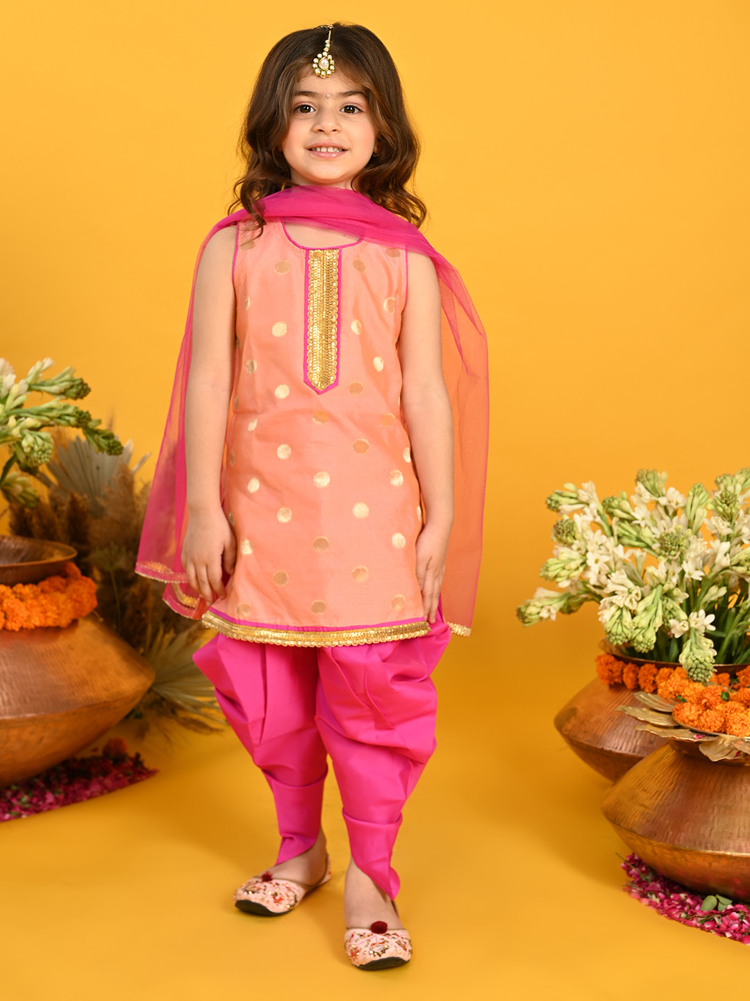 SAKA DESIGNS Girls Peach-Coloured Layered Kurti with Dhoti Pants & With Dupatta