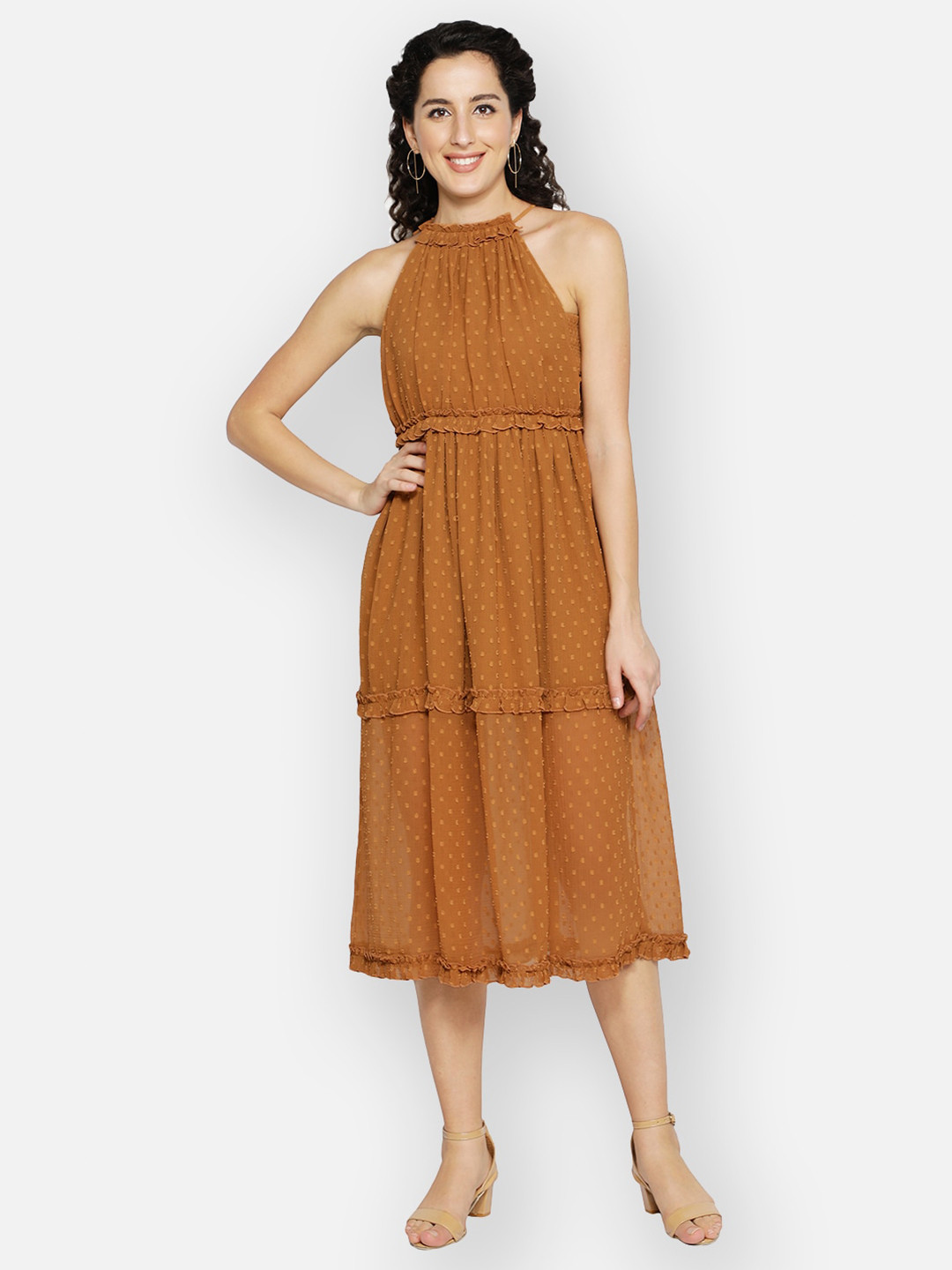 BLANC9 Mustard Yellow Halter Neck Midi Tiered Dress