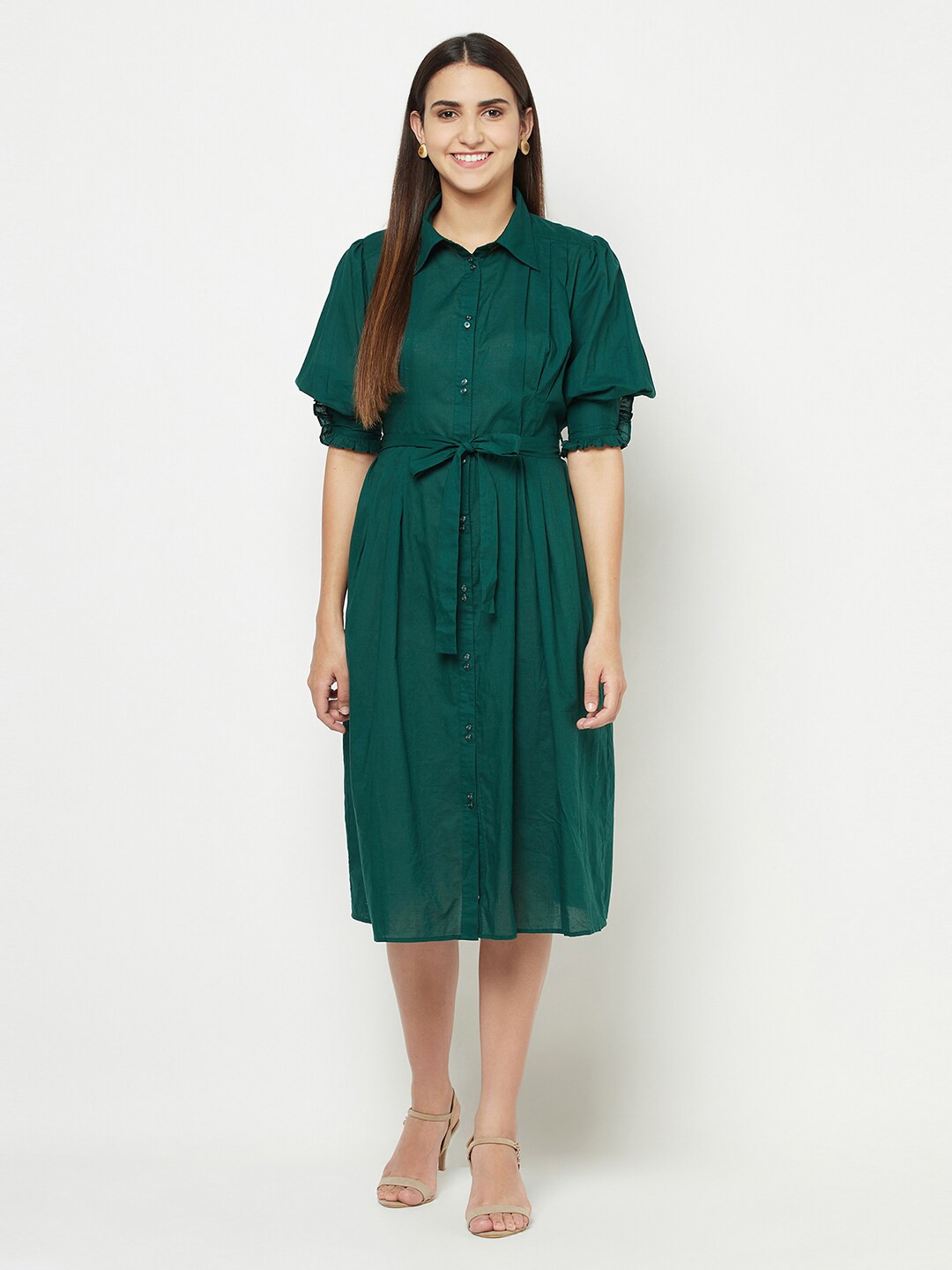BLANC9 Green Cotton Pleated Midi Dress