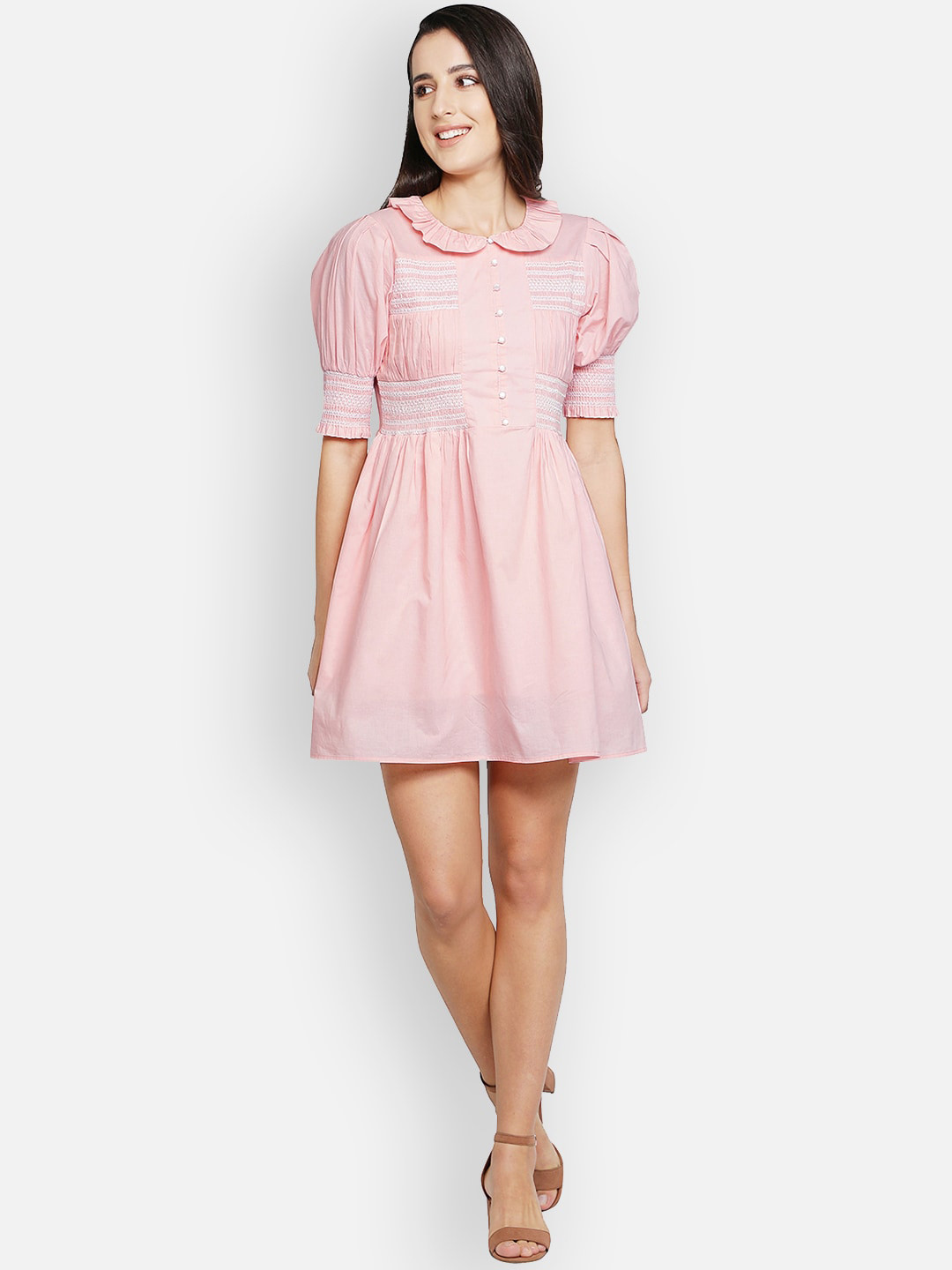 BLANC9 Pink Peter Pan Collar Cotton Smocking Dress