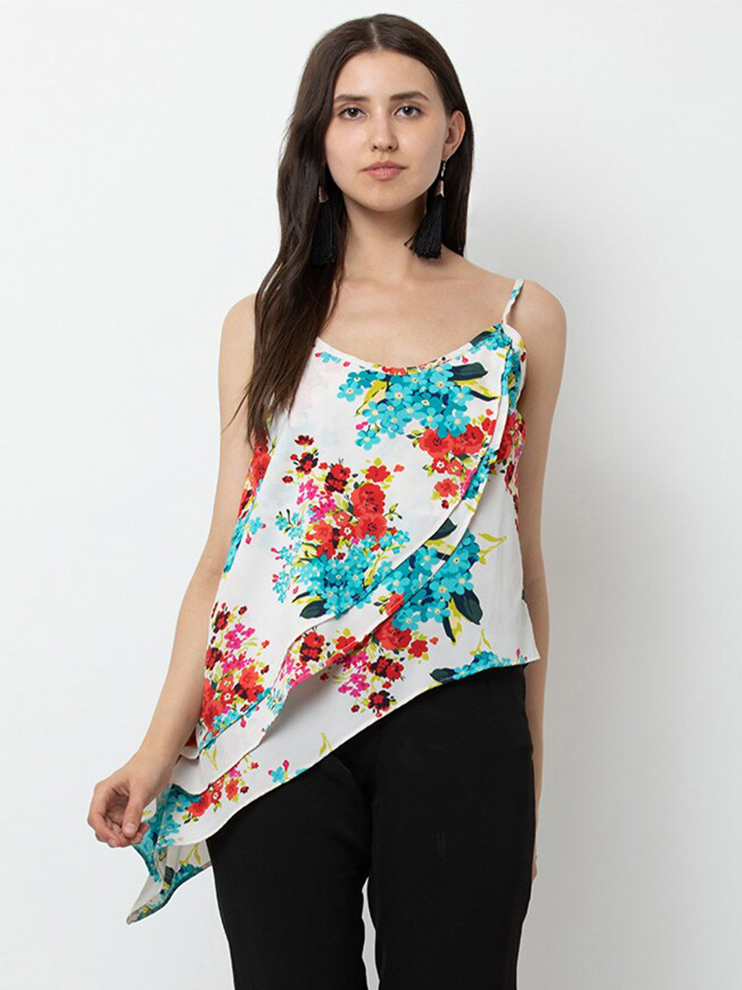 DODO & MOA White Floral Print Crepe High-Low Top