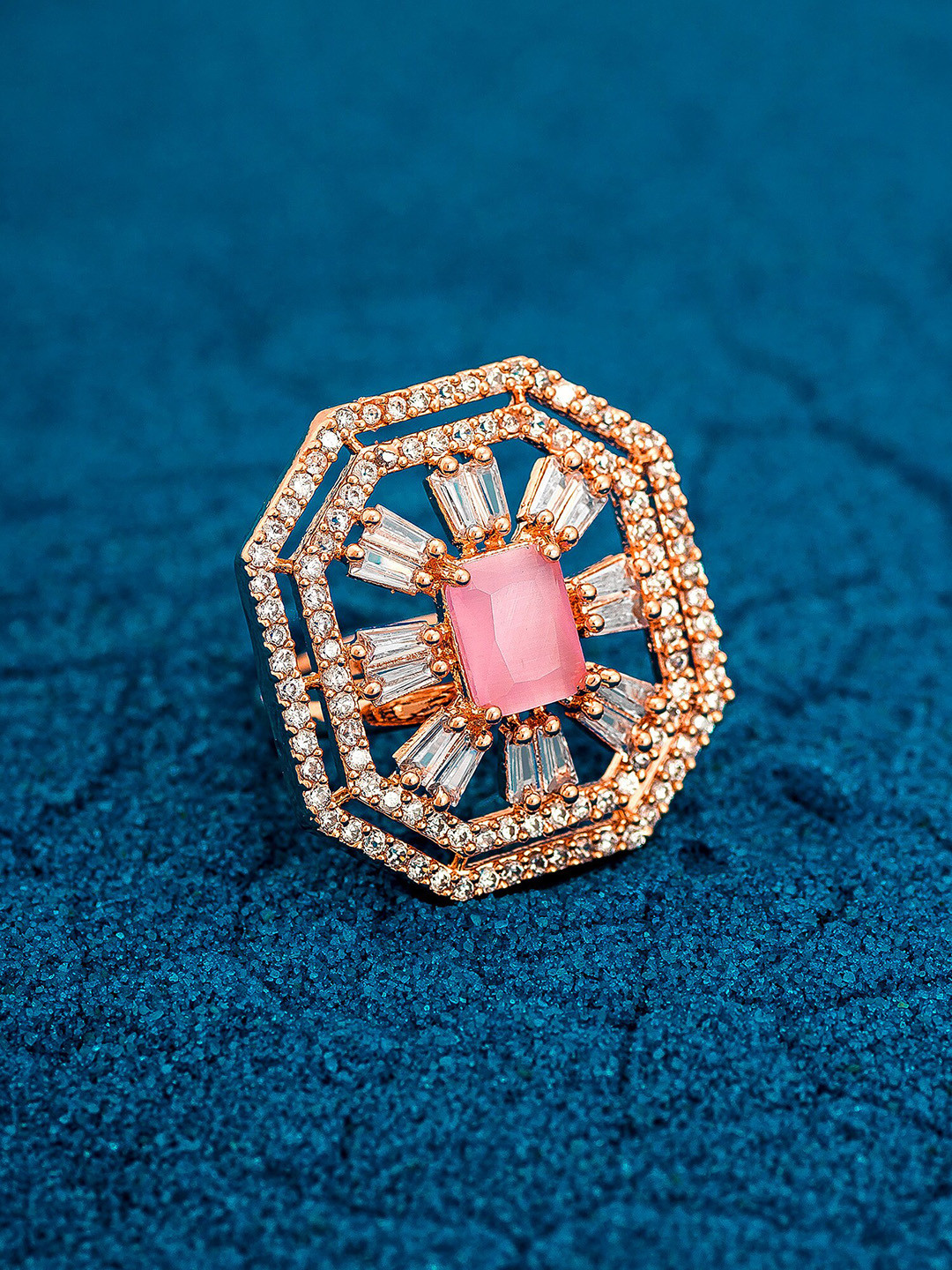 aadita 18K Gold-Plated White & Pink AD-Studded Adjustable Finger Ring