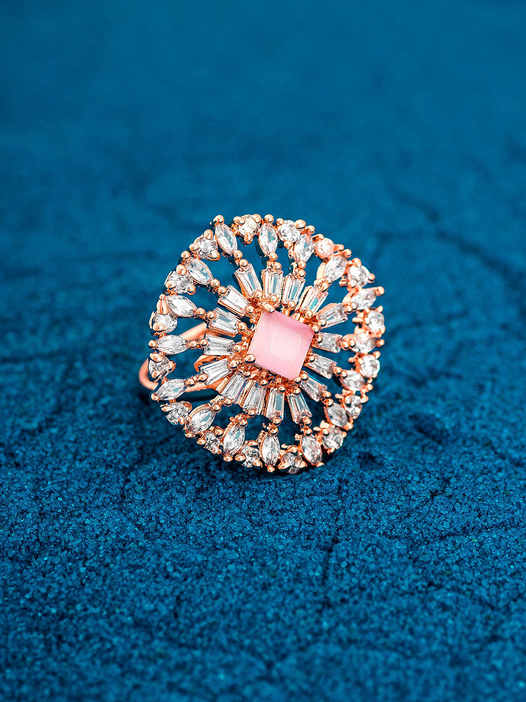 aadita 18K Gold-Plated White & Pink AD-Studded Adjustable Finger Ring