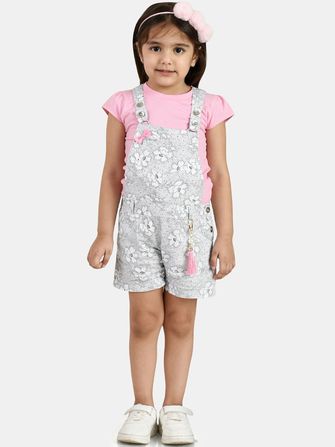 Peppermint Girls Grey Floral Print Dungarees