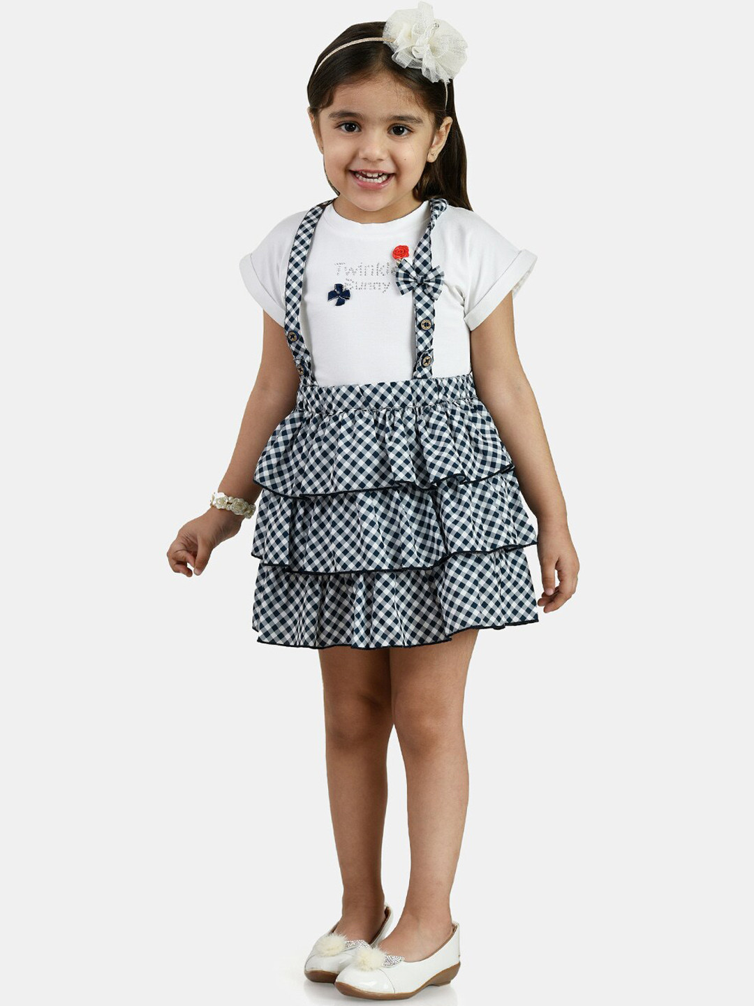 Peppermint Girls White & Black Checked Dungarees