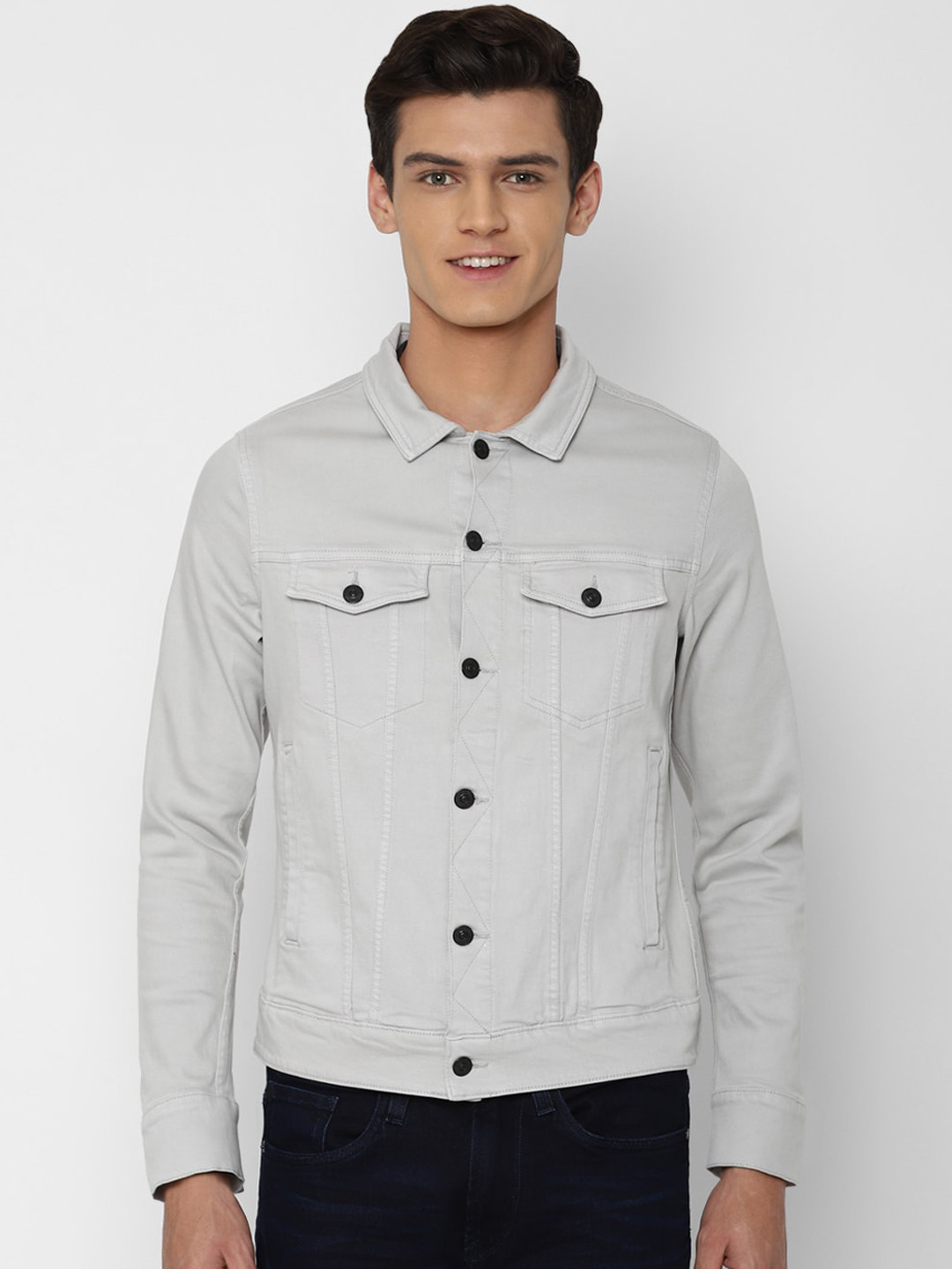 Allen Solly Sport Men Grey Washed Colourblocked Denim Jacket with Patchwork