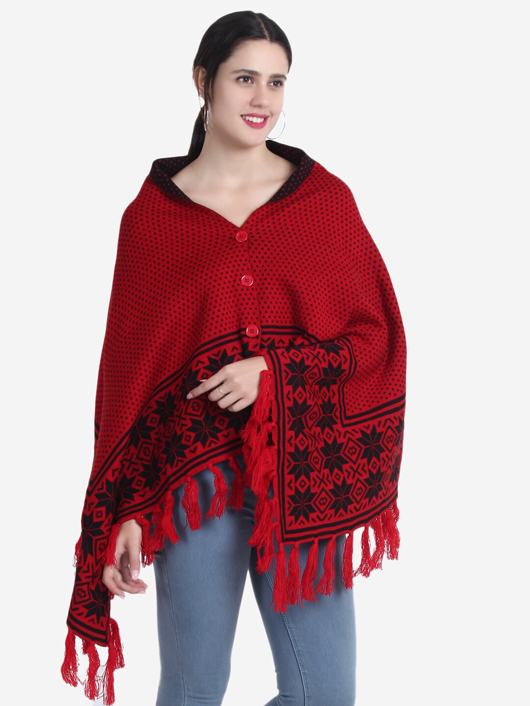 JoE Hazel Women Red & Black Fair Isle Poncho