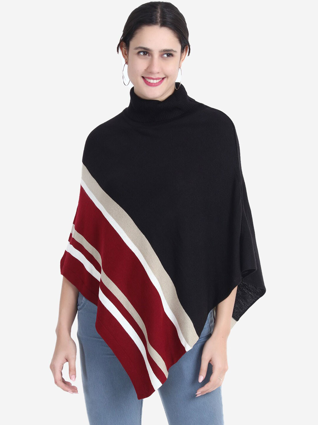 JoE Hazel Women Acrylic Black & Red Colourblocked Poncho