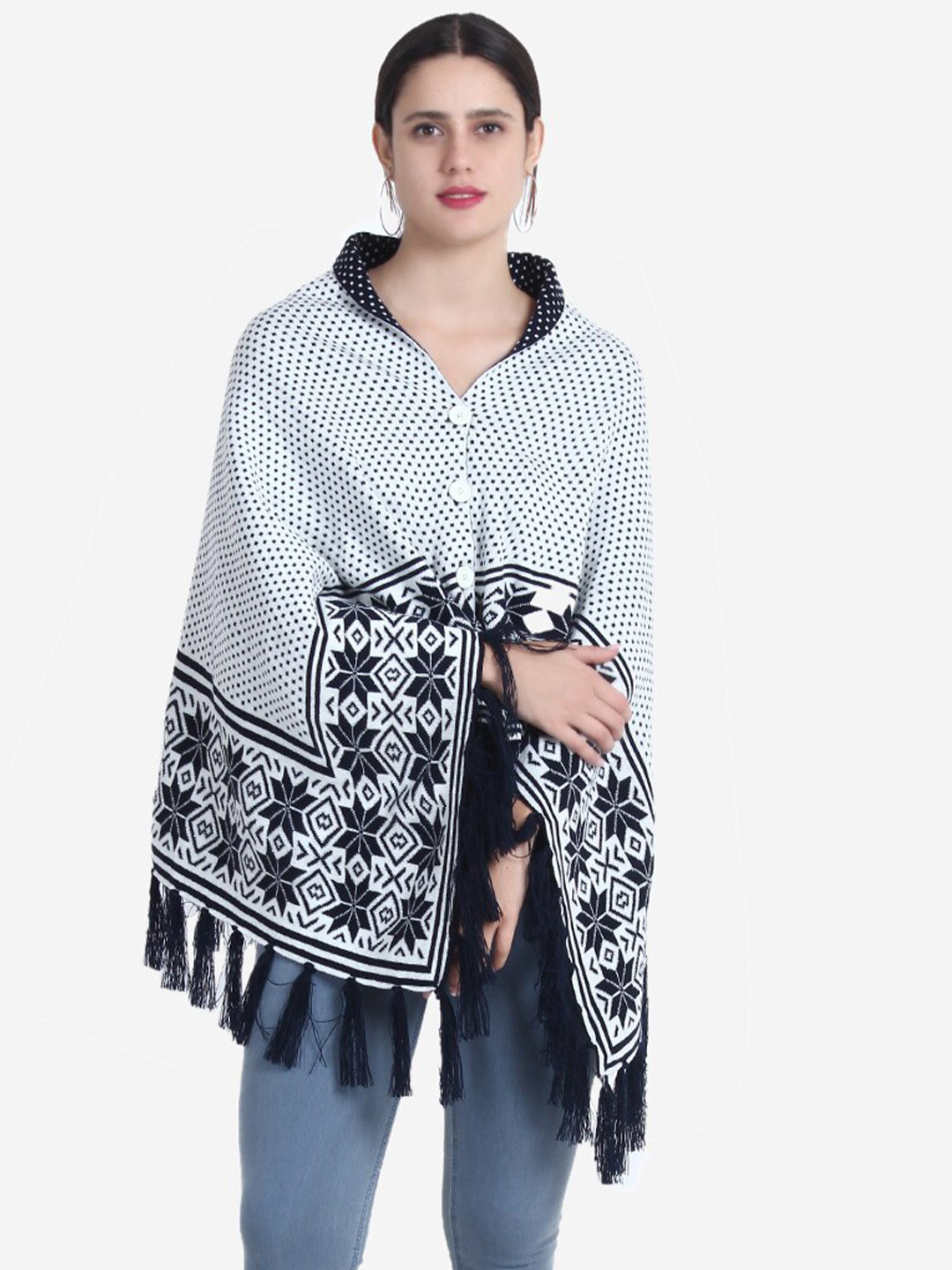 JoE Hazel Women Navy Blue & White Fair Isle Poncho