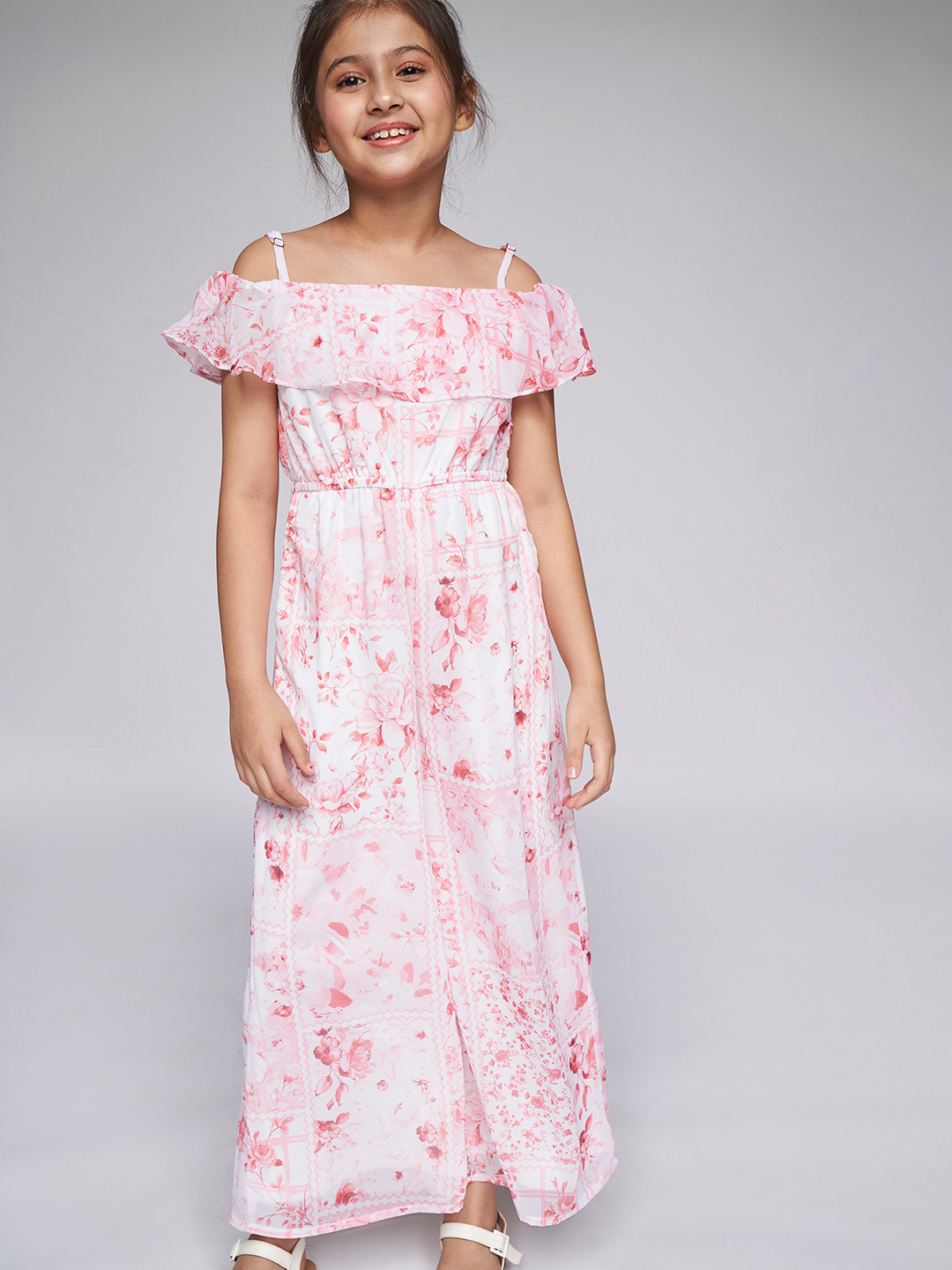 AND Girls Pink Floral Printed Jumpsuit with Ruffles