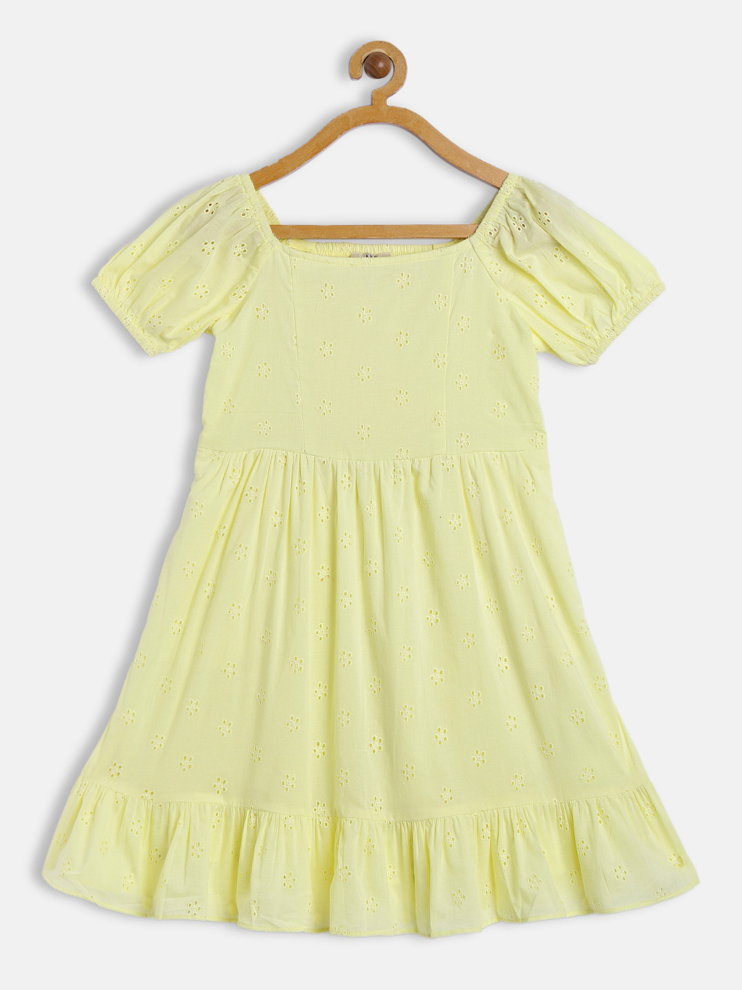 AND Girls Solid Yellow Schiffli Pure Cotton A-Line Dress