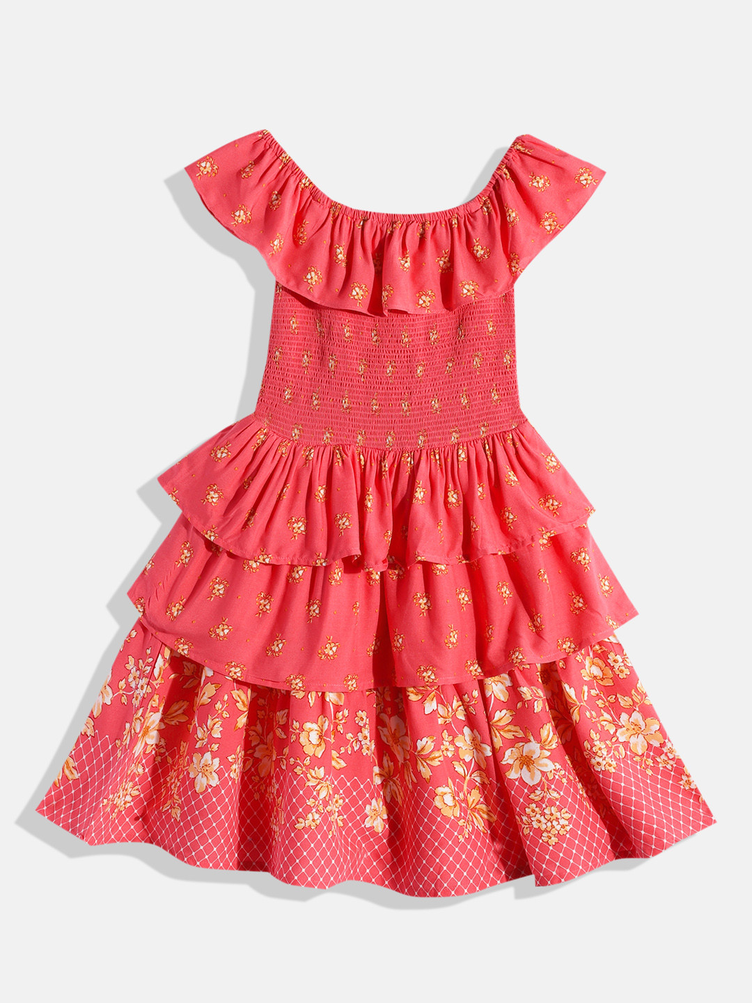 Global Desi Girls Coral Pink Printed Fit & Flare Dress