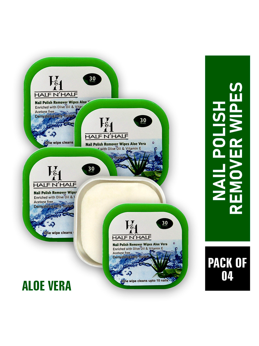 Half N Half Set of 4 Nail Polish Remover Wipes - Aloe Vera 120 wipes