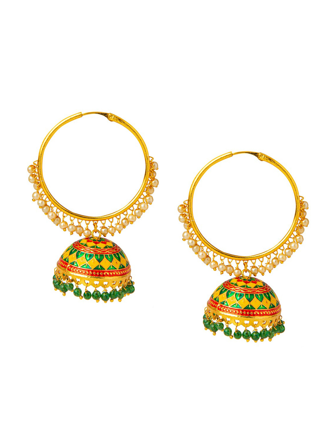 Shining Jewel - By Shivansh Gold-Plated Green & Red Dome Shaped Jhumkas