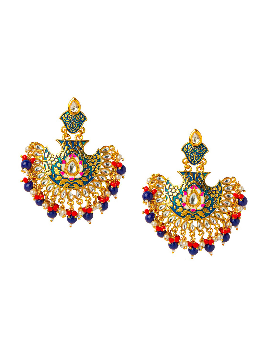 Shining Jewel - By Shivansh Gold-Plated Green & Red Crescent Shaped Chandbalis