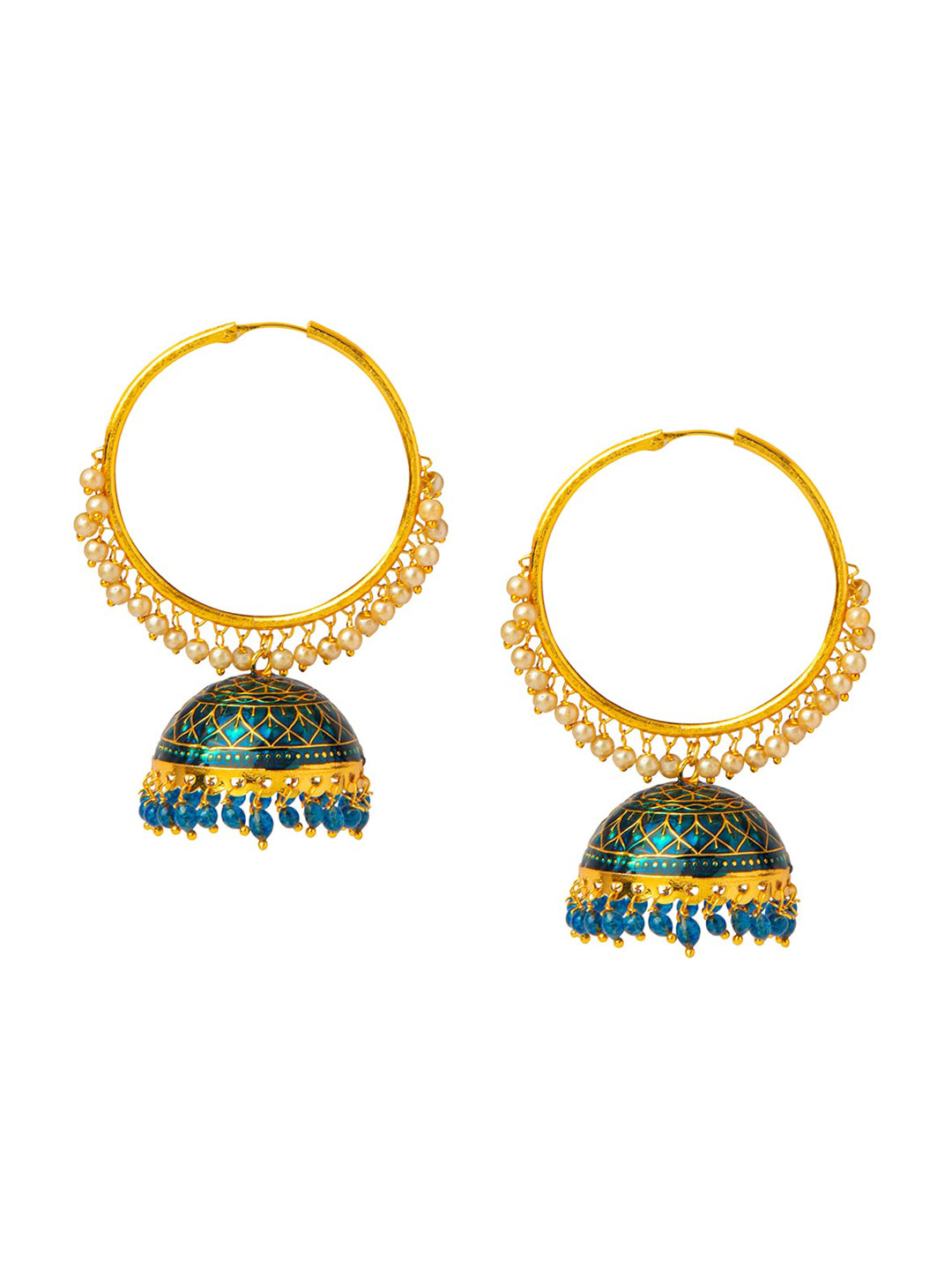 Shining Jewel - By Shivansh Gold-Plated & Teal Blue Dome Shaped Jhumkas
