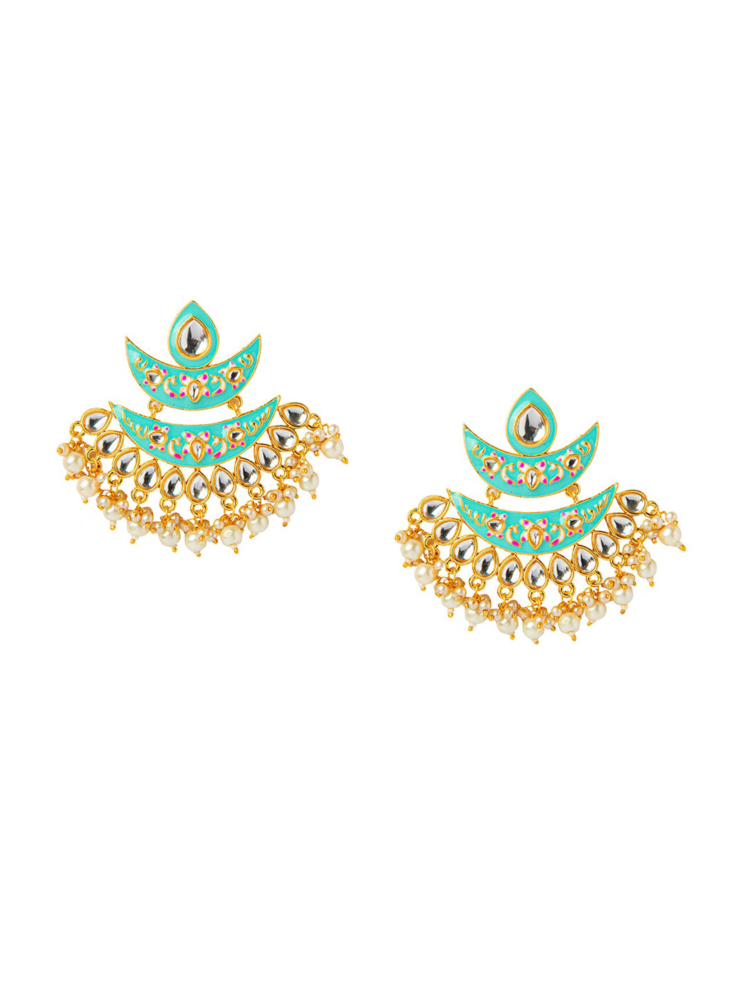Shining Jewel - By Shivansh Gold-Plated Sea Green & White Crescent Shaped Chandbalis