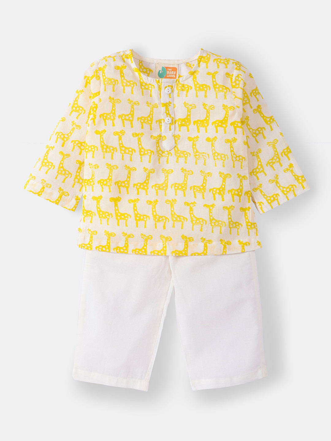 THE BABY LABEL Unisex Kids Yellow & White Hand-Block Giraffe Print Pure Cotton Kurta with Pyjamas