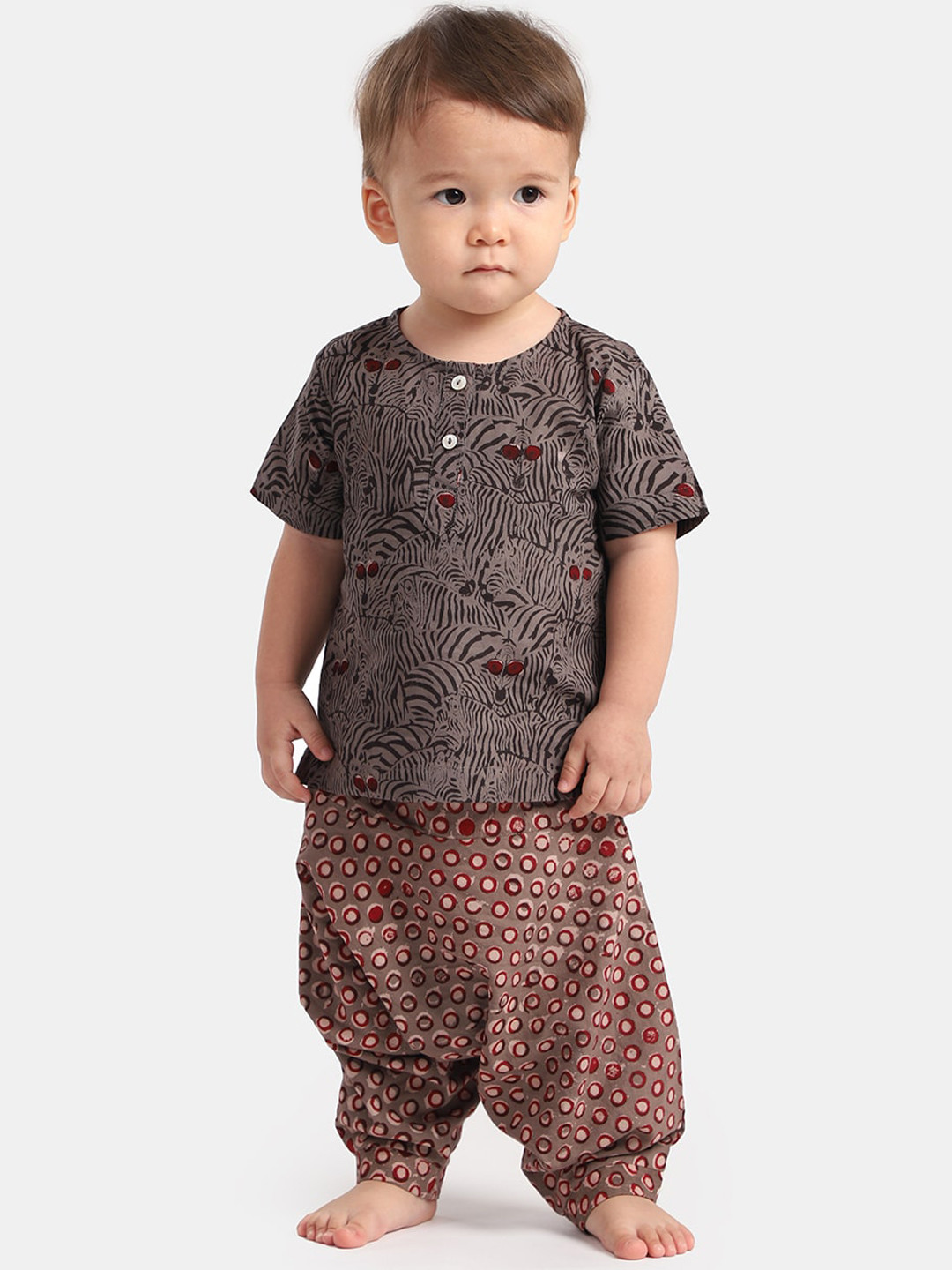 THE BABY LABEL Kids Brown & Maroon Printed Pure Cotton Kurta with Harem Pants