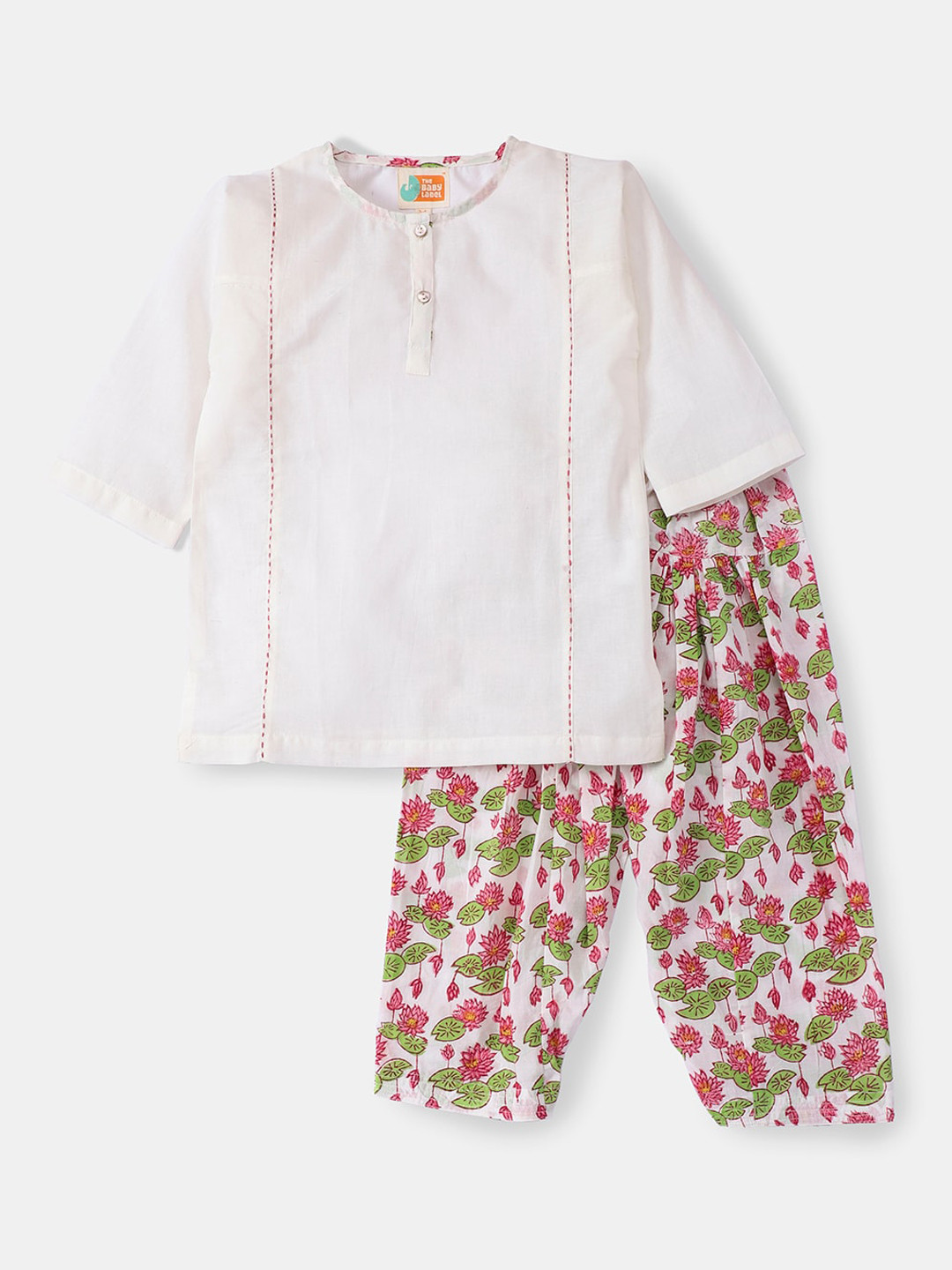 THE BABY LABEL Girls White & Pink Pure Cotton Kurta with Hand Block Print Salwar