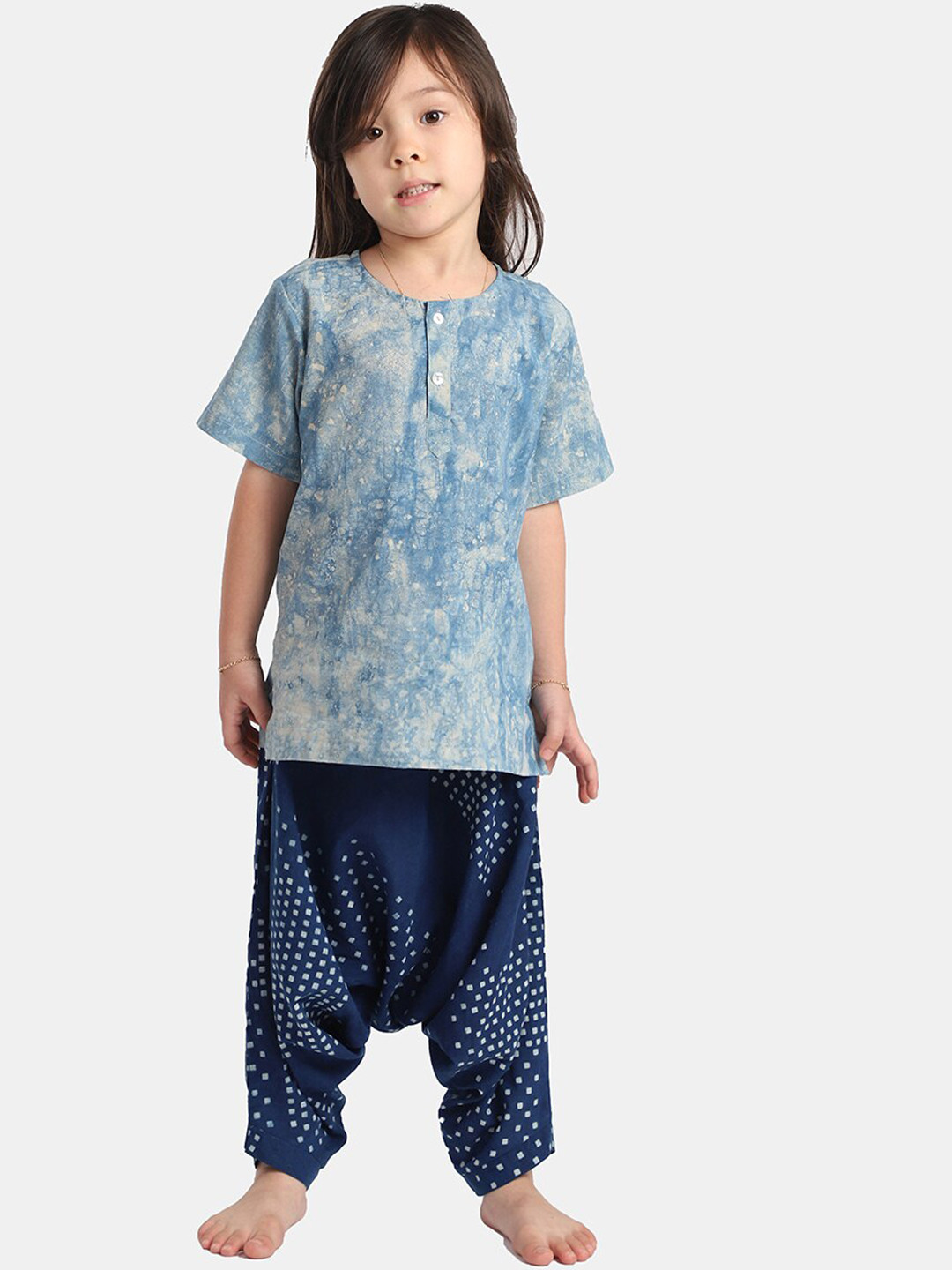 THE BABY LABEL Kids Blue Pure Cotton Dyed Kurta with Harem Pants