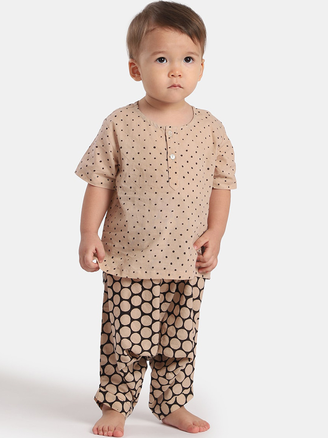 THE BABY LABEL Kids Beige & Black Printed Pure Cotton Kurta with Harem Pants