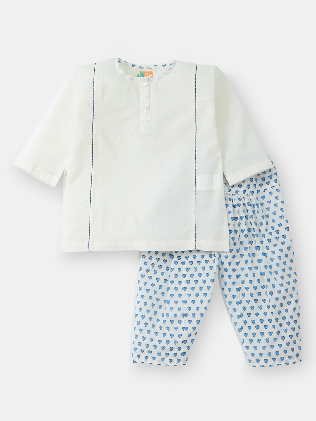 THE BABY LABEL Girls White & Blue Panelled Pure Cotton Kurta with Hand Block Print Salwar