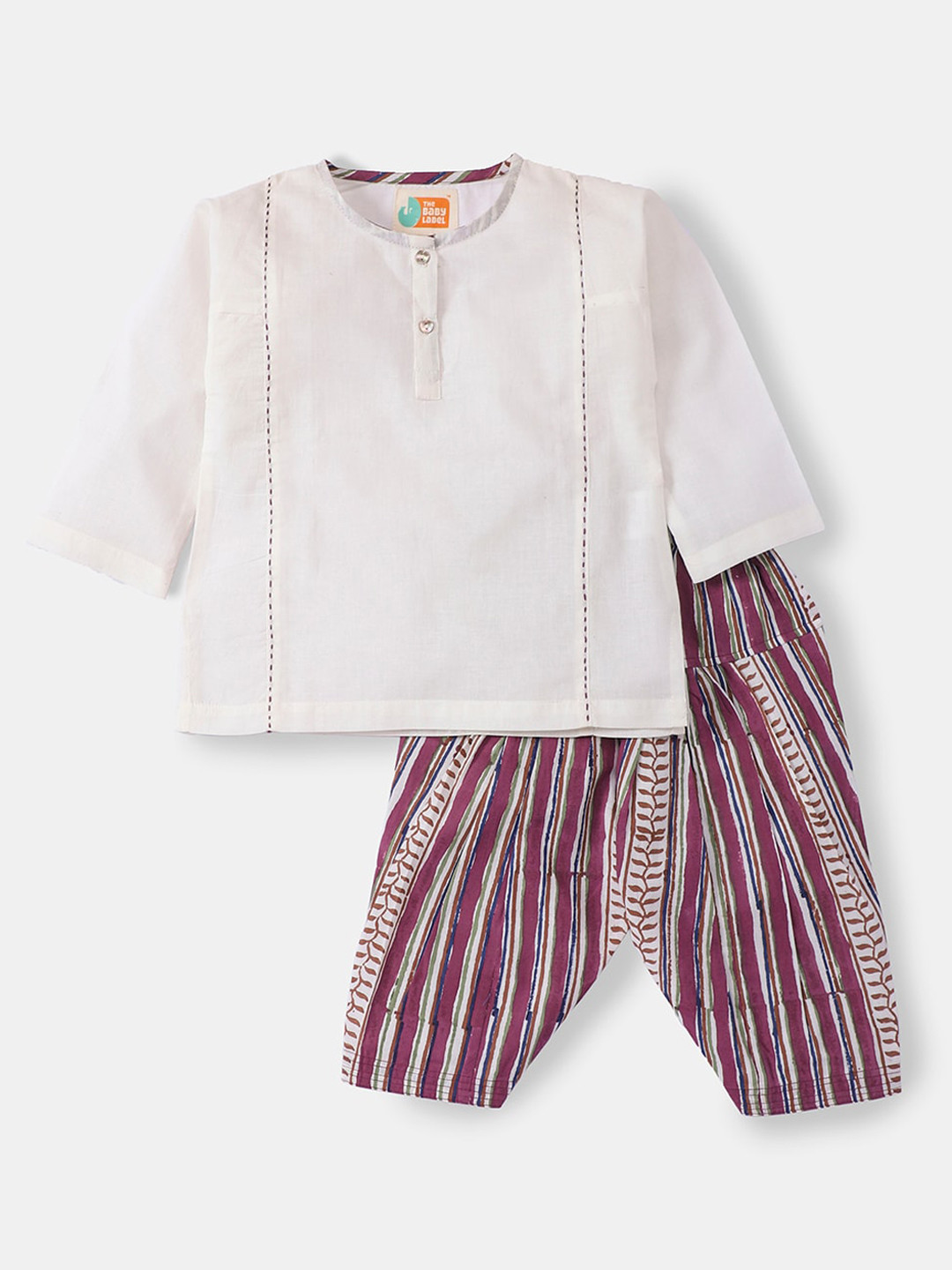 THE BABY LABEL Girls White & Purple Panelled Pure Cotton Embroidered Kurta & Hand-Block Printed Salwar
