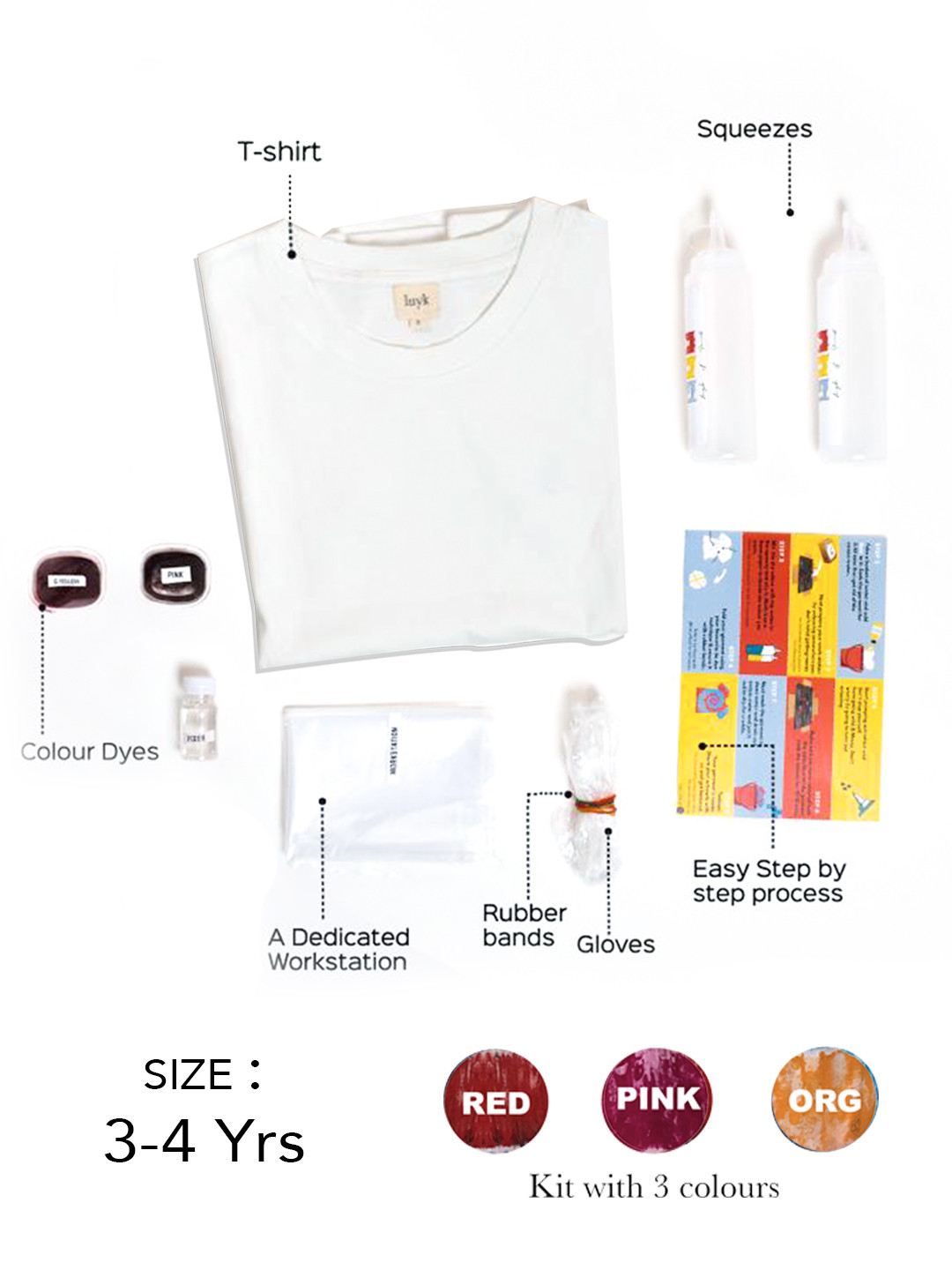 luyk Kids Orange, Red & Blue Tie & Dye DIY T-Shirt Kit
