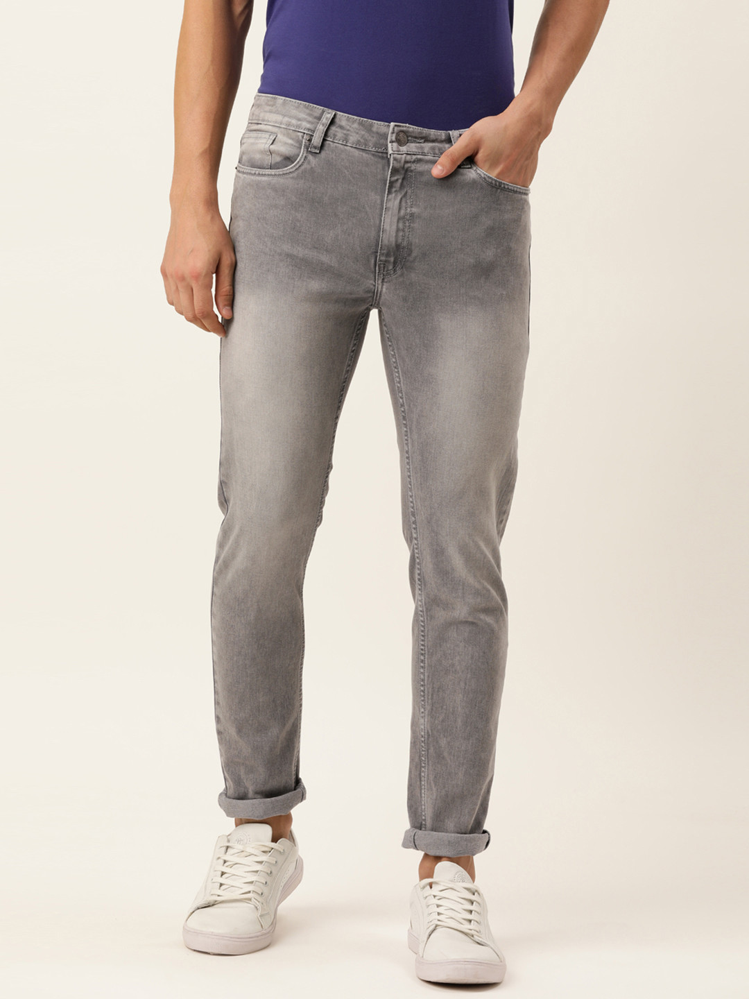 FOREVER 21 Men Grey Skinny Fit Mid-Rise Heavy Fade Jeans