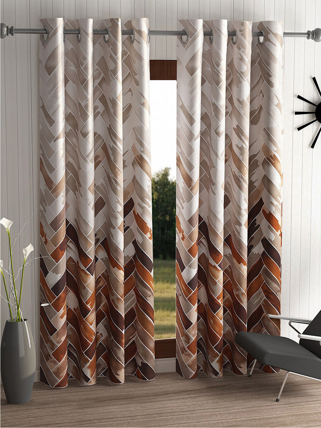 Home Sizzler Set Of 2 Brown Geometric Printed Door Curtains
