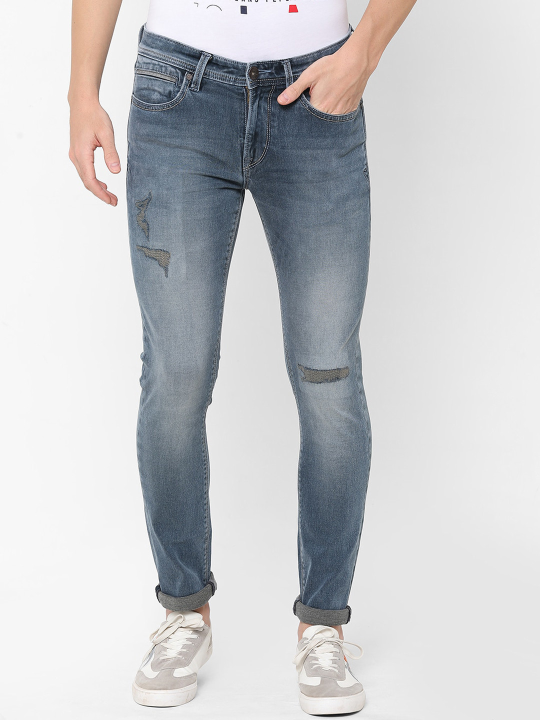 Pepe Jeans Men Blue Skinny Fit Low-Rise Mildly Distressed Heavy Fade Stretchable Jeans