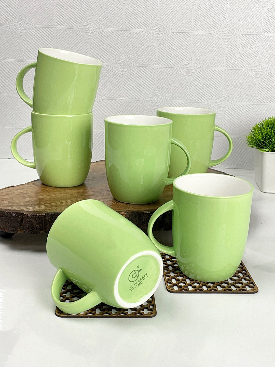 CLAY CRAFT Green Ceramic Microwave Safe 6 Piece Mugs-340ml