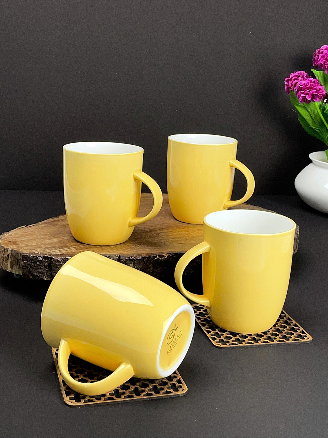 CLAY CRAFT Set Of 4 Yellow & White Solid Ceramic Glossy Mugs